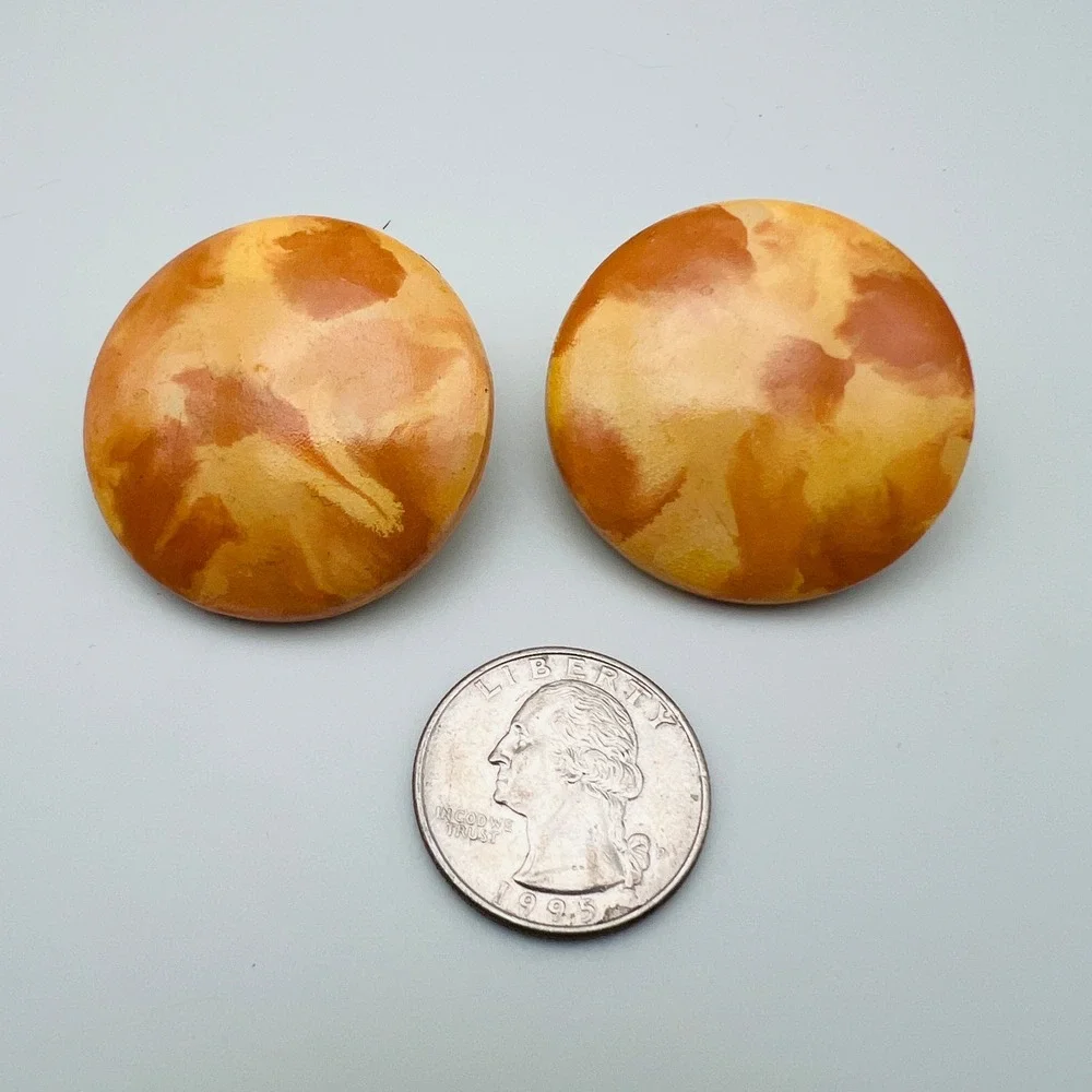 Vintage Yellow Marbled Clip On Earrings Round Button Statement Retro